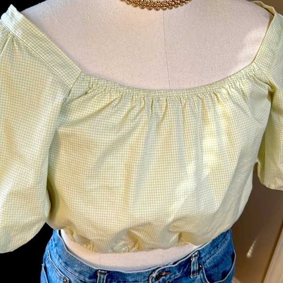 Copper Key gingham green white print cropped top with puff sleeves size large - Picture 3 of 11